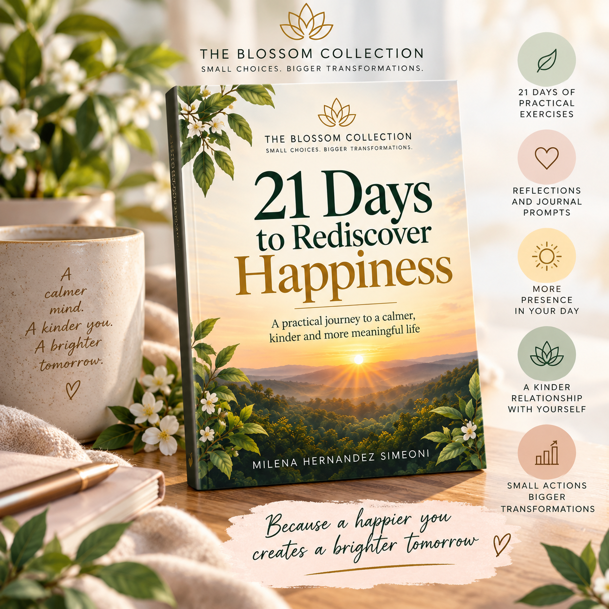 Promotional mock-up of 21 Days to Rediscover Happiness, surrounded by white blossom and warm morning light